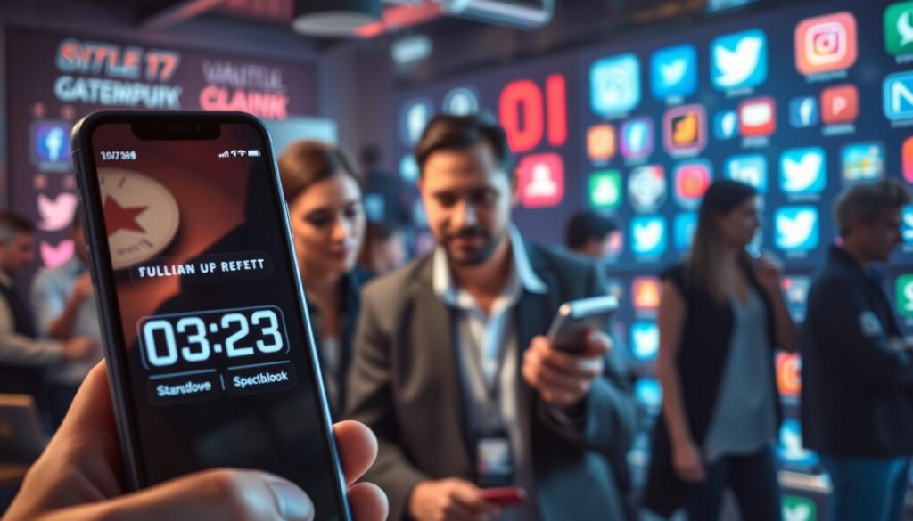 A bustling digital marketing landscape, defined by a sense of urgency and scarcity. In the foreground, a smartphone displays a countdown timer, emphasizing the limited-time offer. In the middle ground, a team of digital marketers strategize, their expressions intense as they navigate the challenges of capturing audience attention. The background is a blur of social media icons, representing the competitive nature of the online space. Lighting is dramatic, with strong contrasts between light and shadow, conveying a sense of high-stakes decision-making. The overall mood is one of heightened tension and the need for swift, decisive action in the face of ever-changing digital trends.
