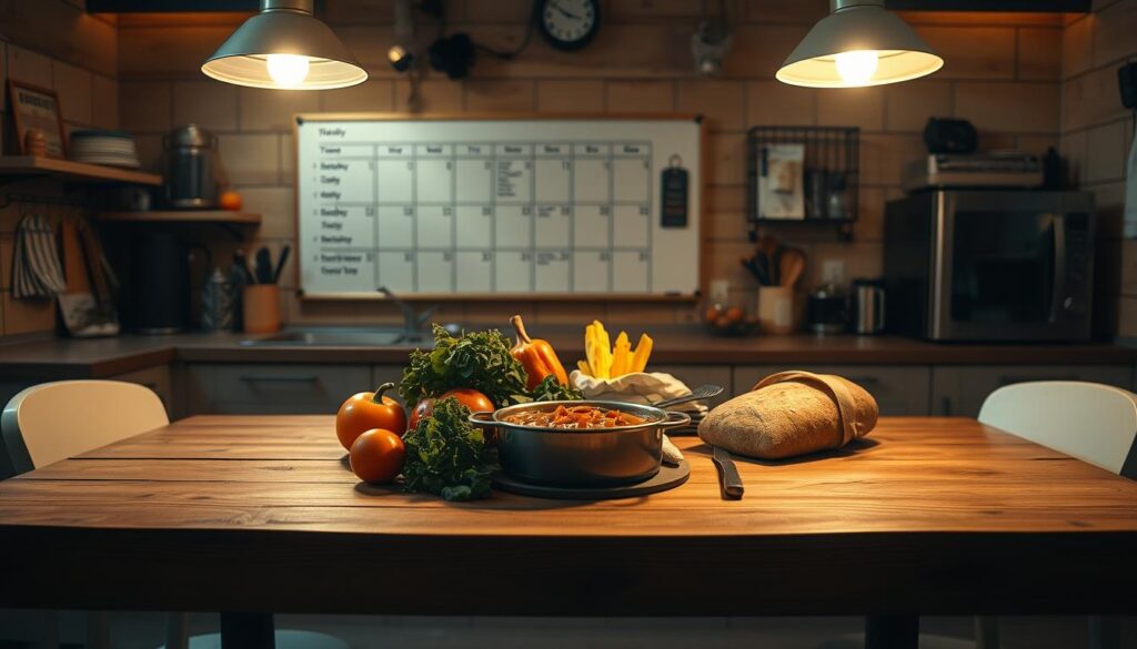 A cozy kitchen interior, with a wooden table in the foreground set for a weeknight dinner. In the center, a variety of simple, budget-friendly ingredients are neatly arranged - fresh vegetables, a pot of hearty stew, and a loaf of crusty bread. Soft, warm lighting from overhead fixtures casts a gentle glow, creating a welcoming atmosphere. In the background, a whiteboard calendar outlines the weekly dinner plan, showcasing a thoughtful, economical approach to meal preparation. The overall scene conveys a sense of planning, efficiency, and mindful home cooking.
