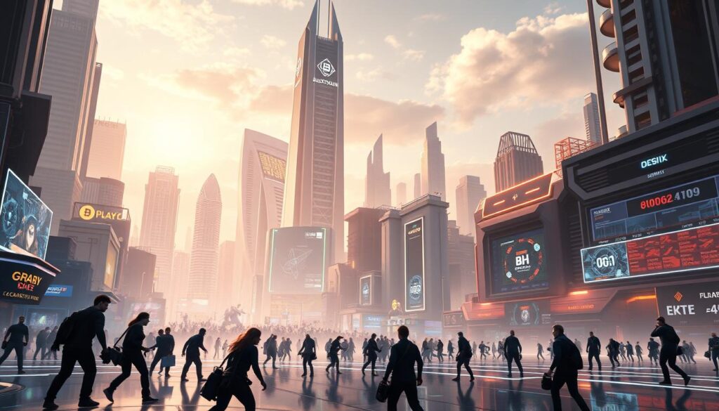 A futuristic cityscape in the metaverse, with towering skyscrapers and holographic displays showcasing blockchain-powered gaming experiences. In the foreground, a group of avatars engaged in a dynamic multiplayer game, their movements reflected in the shimmering virtual landscape. The middle ground features a bustling marketplace, where digital assets and cryptocurrencies are traded. In the background, a towering blockchain monument stands as a symbol of the technological revolution transforming the gaming industry. The scene is bathed in a warm, neon-tinged glow, creating a sense of excitement and innovation. The composition conveys the social and economic impact of blockchain-enabled gaming in the metaverse.