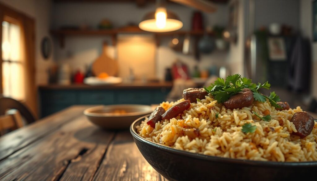 A hearty and comforting dish of "arroz carreteiro" - a traditional Brazilian rice and meat stew. In the foreground, a steaming bowl of rice flecked with tender chunks of beef, sausage, and onions, garnished with fresh cilantro. The middle ground reveals a rustic wooden table, its surface weathered and worn, setting the scene in a cozy, homestyle kitchen. In the background, the warm glow of a pendant light casts a soft, inviting ambiance, hinting at the nourishing flavors and aromas that fill the air. Captured with a wide-angle lens to emphasize the homely, down-to-earth nature of this budget-friendly, protein-rich meal.