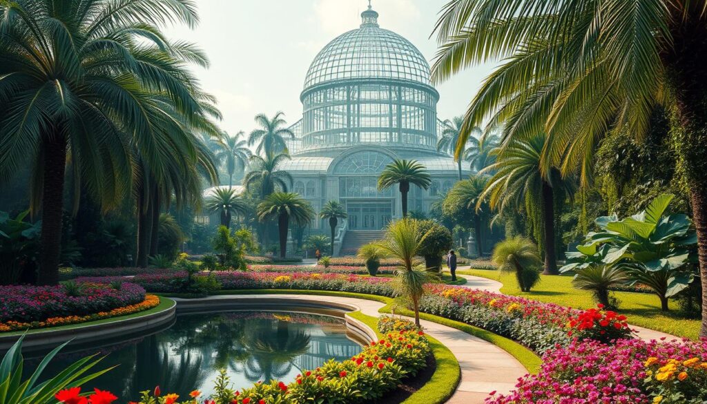 A lush, serene botanical garden with vibrant flora and meandering pathways. The foreground features a tranquil pond surrounded by towering palm trees, their fronds swaying gently in a soft breeze. In the middle ground, neatly manicured flower beds burst with colorful blooms, inviting visitors to stroll through the verdant landscape. The background is dominated by a stunning glass-domed greenhouse, its intricate architecture bathed in warm, diffused natural light. The overall atmosphere exudes a sense of peace, harmony, and deep connection with the natural world.