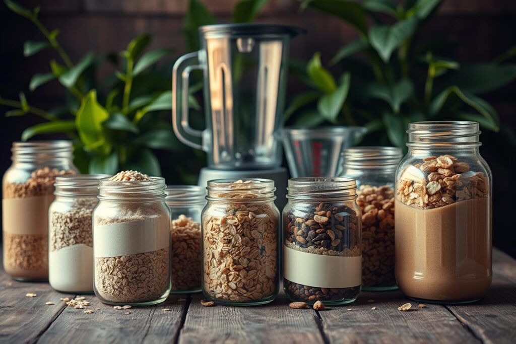 A neatly arranged display of various homemade muscle-building supplement recipes. In the foreground, glass jars filled with high-calorie protein powders, oats, nuts, and dried fruits sit on a rustic wooden table, illuminated by soft, warm lighting. In the middle ground, a blender and measuring cups suggest the process of preparing these nutritious concoctions. The background features lush, green plants, evoking a natural, healthy atmosphere. The overall composition conveys a sense of simplicity, affordability, and the ability to create effective, custom-tailored supplements at home.