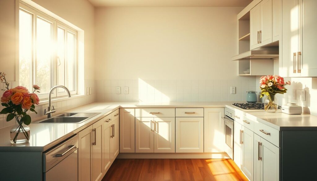 A sun-dappled kitchen, countertops gleaming with a fresh clean shine. Spotless appliances, meticulously wiped down, reflecting the warm natural light. Crisp white cabinets, their doors opened to reveal neatly organized shelves. Hardwood floors, swept and mopped to a polished finish. A vase of fragrant flowers, petals unfurled, adds a touch of natural beauty. Rays of sunlight stream through the windows, casting a serene, tranquil glow. The space exudes a sense of order, cleanliness, and a welcoming aroma - the foundation for a truly refreshing, naturally perfumed home.