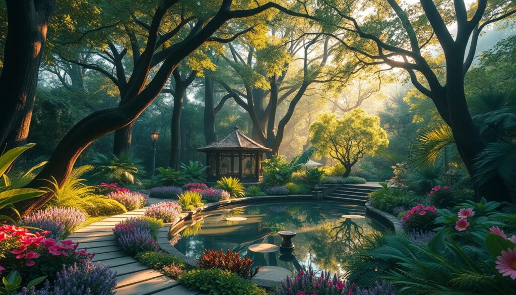 A tranquil, hidden botanical garden nestled in a serene, lush environment. Towering trees cast dappled shadows on the winding paths, guiding visitors towards a serene meditation space. Vibrant, diverse flora in shades of green, purple, and pink surround a peaceful reflecting pool, its still waters mirroring the verdant canopy above. Warm, golden light filters through the foliage, creating a serene, almost spiritual atmosphere. The garden exudes a sense of solitude and connection with nature, inviting quiet contemplation and rejuvenation of the senses.