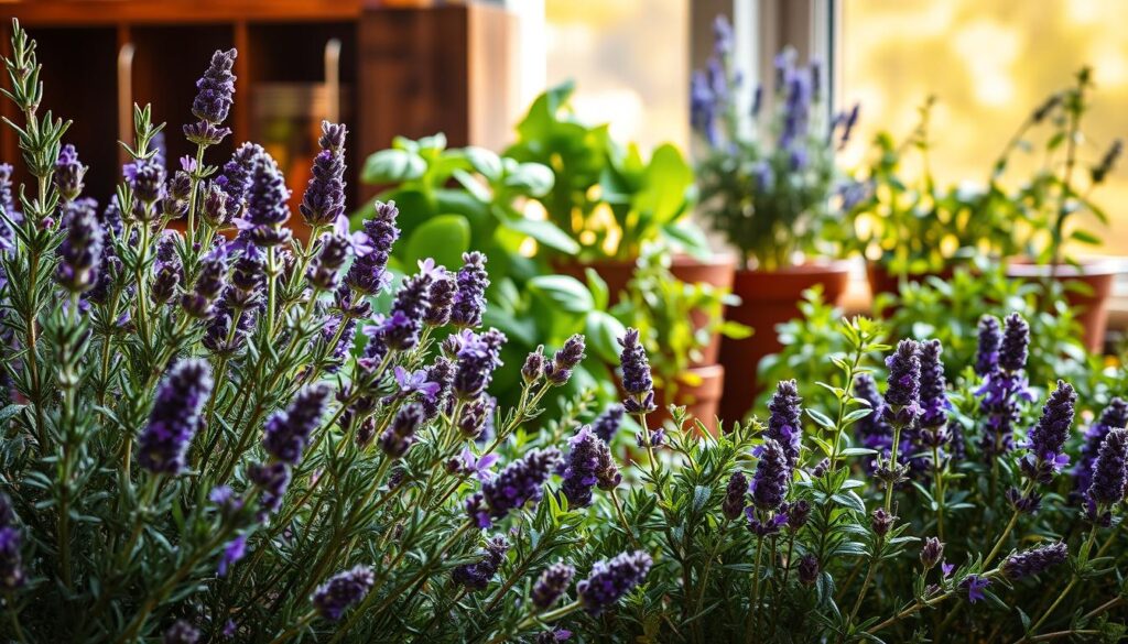 A vibrant assortment of aromatic plants set against a warm, sun-dappled backdrop. In the foreground, lush rosemary, thyme, and lavender flourish, their delicate flowers and fragrant foliage creating a visually captivating display. The middle ground features a mix of potted herbs, including fragrant basil, oregano, and mint, arranged in a harmonious composition. In the background, a hints of a rustic, wooden shelving unit or windowsill, further accentuating the natural, homely ambiance. Soft, diffused lighting casts a gentle glow, highlighting the plants' vivid hues and inviting the viewer to experience the soothing, aromatic atmosphere.