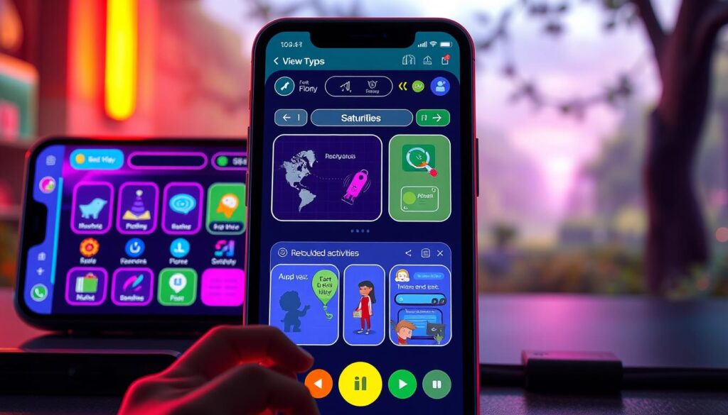 A vibrant, engaging mobile app interface designed for children with ADHD. The foreground features a colorful dashboard with simplified controls, intuitive navigation, and app icons that capture the user's attention. The middle ground showcases interactive educational activities, presented in a visually appealing and gamified manner to maintain focus. The background depicts a serene, nature-inspired setting with soft lighting and calming hues, creating a soothing environment to facilitate concentration. The overall composition conveys a sense of balance, accessibility, and a positive user experience tailored for the unique needs of children with ADHD.