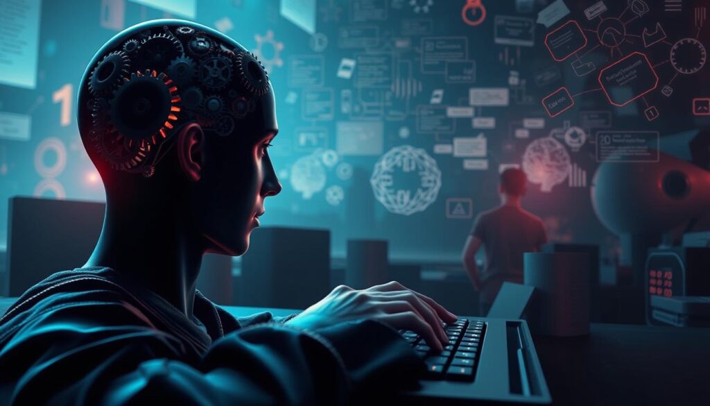 A visually striking illustration of "Mental Triggers in Copywriting". In the foreground, a person's head with gears and cogs turning inside, representing the cognitive processes at work. In the middle ground, fingers typing on a keyboard, symbolizing the act of copywriting. In the background, a dreamlike landscape of floating text fragments, mind maps, and psychological symbols, evoking the subconscious influences on persuasive writing. Soft lighting casts dramatic shadows, creating an introspective, cerebral atmosphere. Cinematic camera angle, with a shallow depth of field to focus attention on the central subject. Rendered in a realistic, detailed style to heighten the contemplative mood.