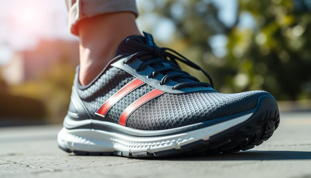 A well-designed running shoe for beginners, featuring a sleek, modern design with a breathable mesh upper, cushioned midsole, and sturdy rubber outsole. The shoe is depicted in a bright, natural lighting setting, showcasing its versatility and suitability for various terrains. The camera angle is slightly elevated, providing a clear view of the shoe's key features and highlighting its stability and support for a comfortable, beginner-friendly running experience.