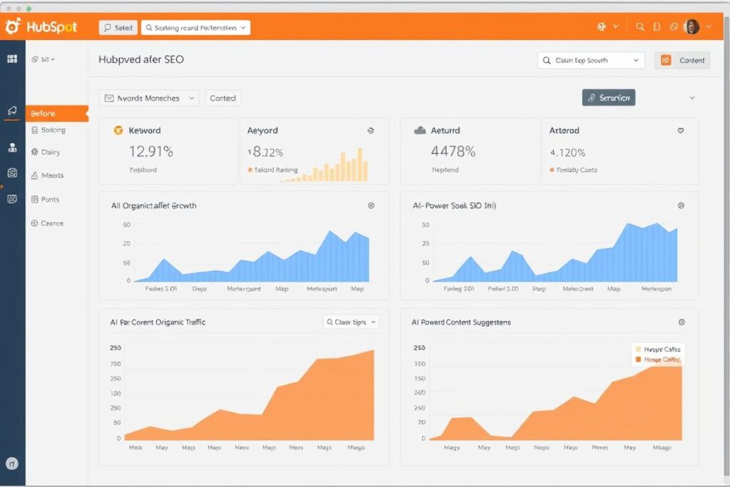 Dashboard da HubSpot mostrando métricas de SEO melhoradas após implementação de IA