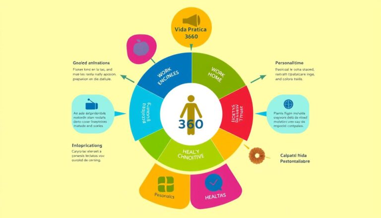Diagrama colorido do conceito Vida Prática 360 mostrando as diferentes áreas da vida conectadas em um círculo