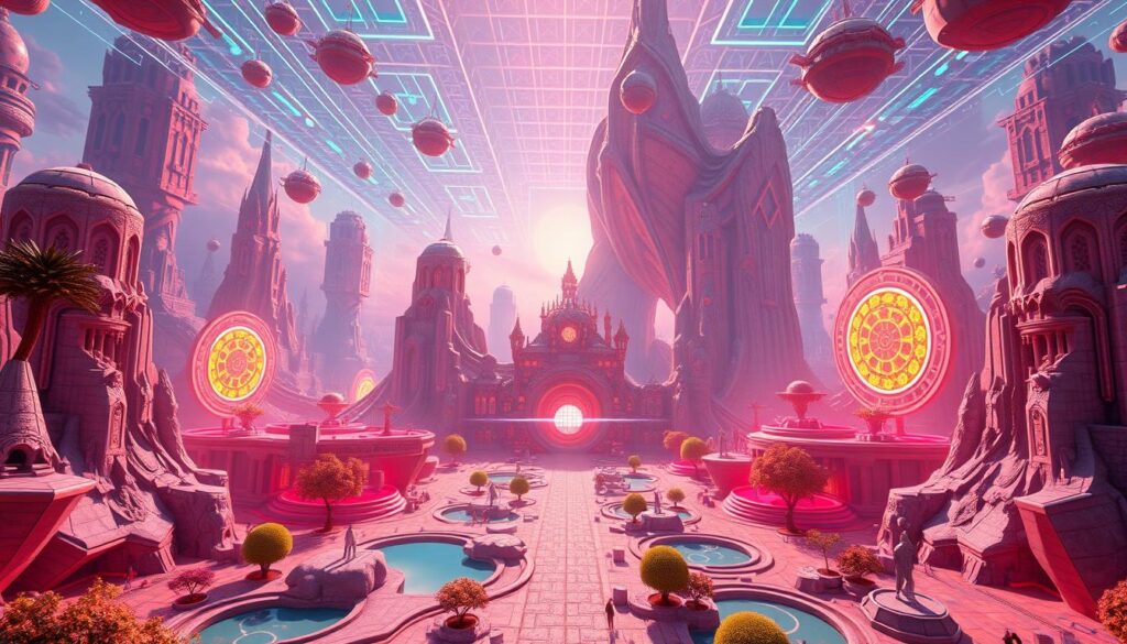 Evolução do metaverso: a transformação do virtual em realidade. Uma jornada através de dimensões em constante expansão, onde mundos digitais se fundem com a realidade física. Observe a progressão, desde os primeiros experimentos de realidade virtual até a convergência de tecnologias imersivas, criando um ecossistema digital multidimensional. Explore uma paisagem em constante mutação, com elementos futuristas e dinâmicos, refletindo a natureza evolutiva do conceito de metaverso. Capte a atmosfera de possibilidades infinitas, onde o imaginário se torna tangível e a linha entre o real e o virtual se torna cada vez mais tênue.