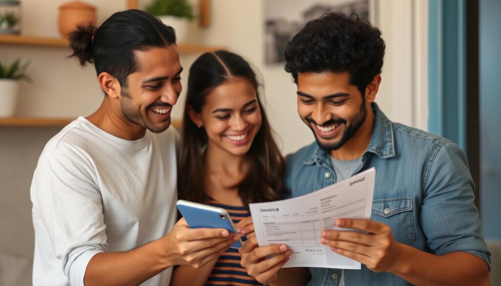 Família celebrando a redução na conta de luz e água após implementar medidas de economia