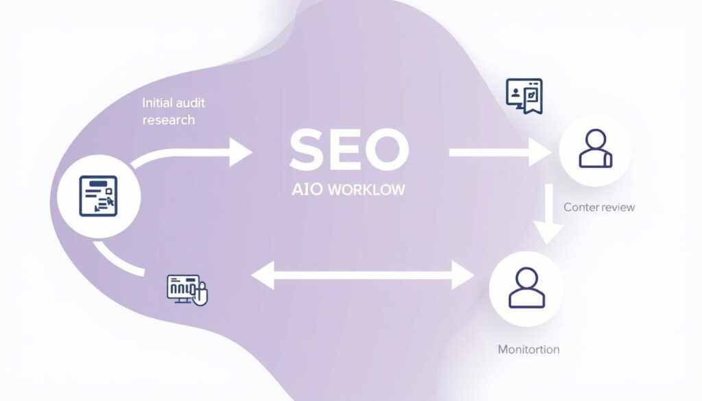 Fluxo de trabalho de SEO integrando IA com intervenção humana em cada etapa