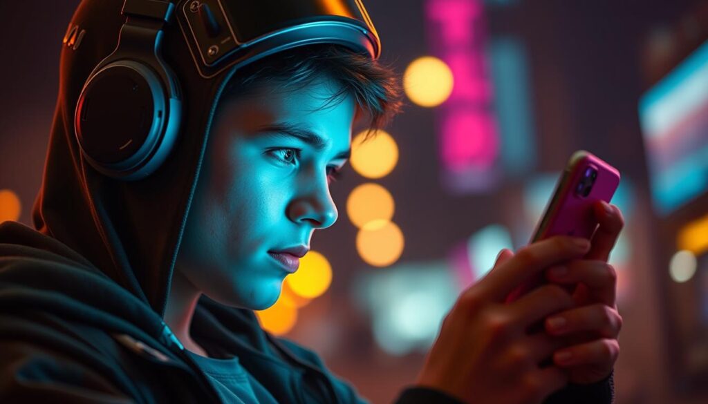 Gere uma imagem de um adolescente usando o aplicativo Freedom em seu smartphone.