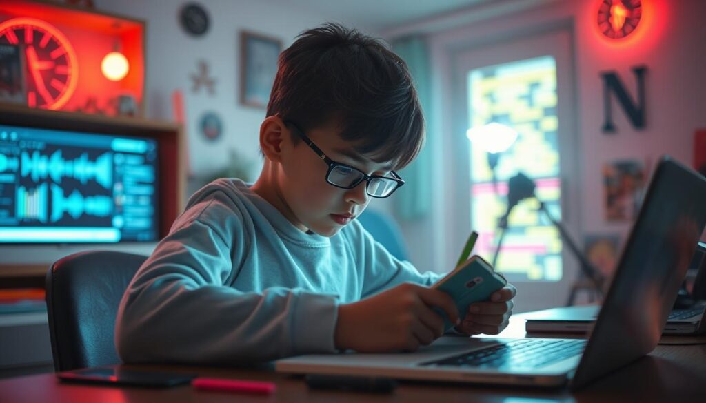 Gere uma imagem de uma criança estudando com um aplicativo de ruído branco ao fundo.