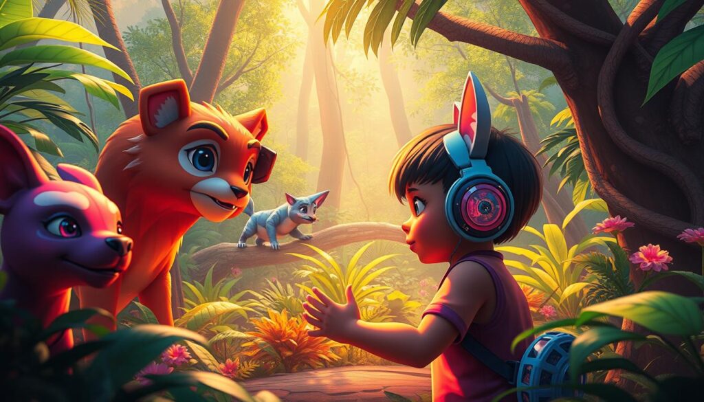 Gere uma imagem do jogo Lusha com uma criança interagindo com avatares animais em um ambiente de selva.