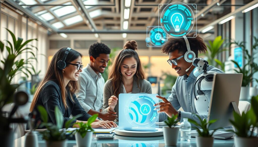 Humanos e sistemas de inteligência artificial colaborando em ambiente futurista de trabalho