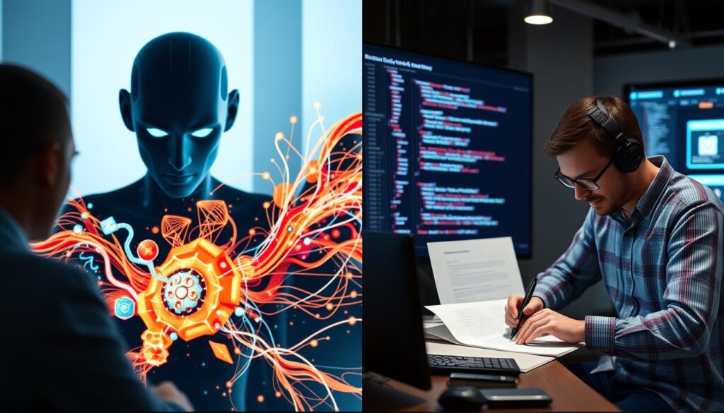 IA generativa criando conteúdo artístico e técnico em colaboração com humanos