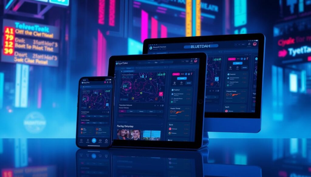 Imagem da plataforma BlueTDAH em dispositivos móveis e desktop, mostrando sua interface interativa e amigável.