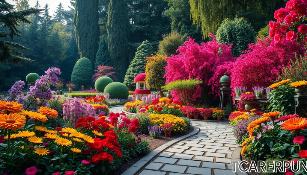 Imagem de Butchart Gardens com flores coloridas e caminhos sinuosos