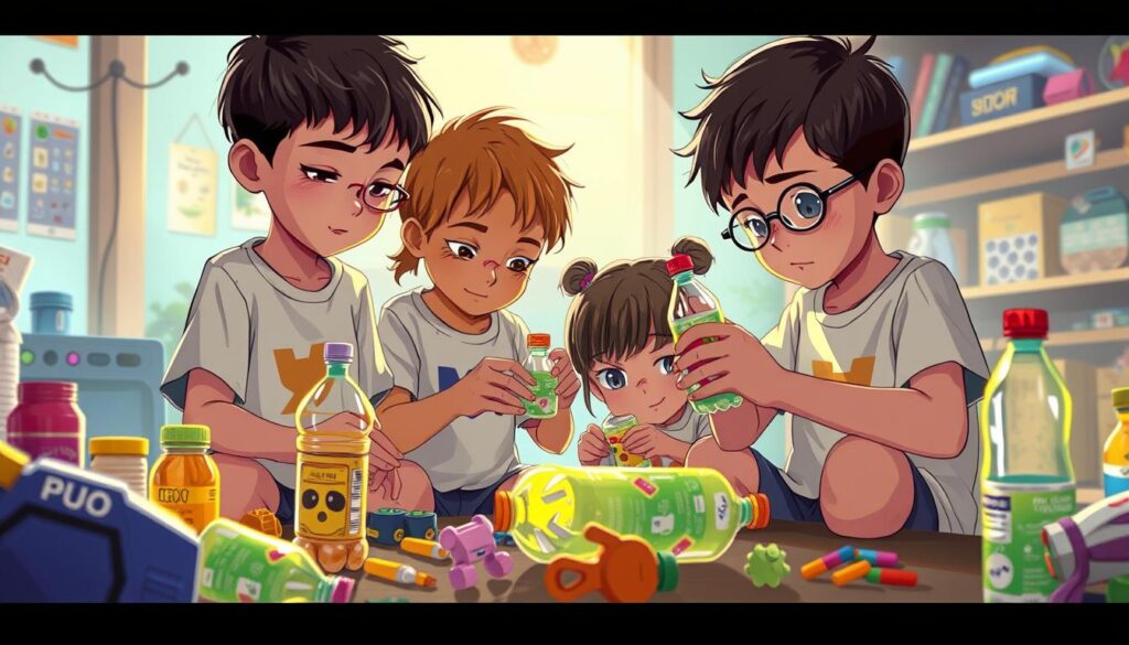 Imagem de crianças criando brinquedos com garrafas PET