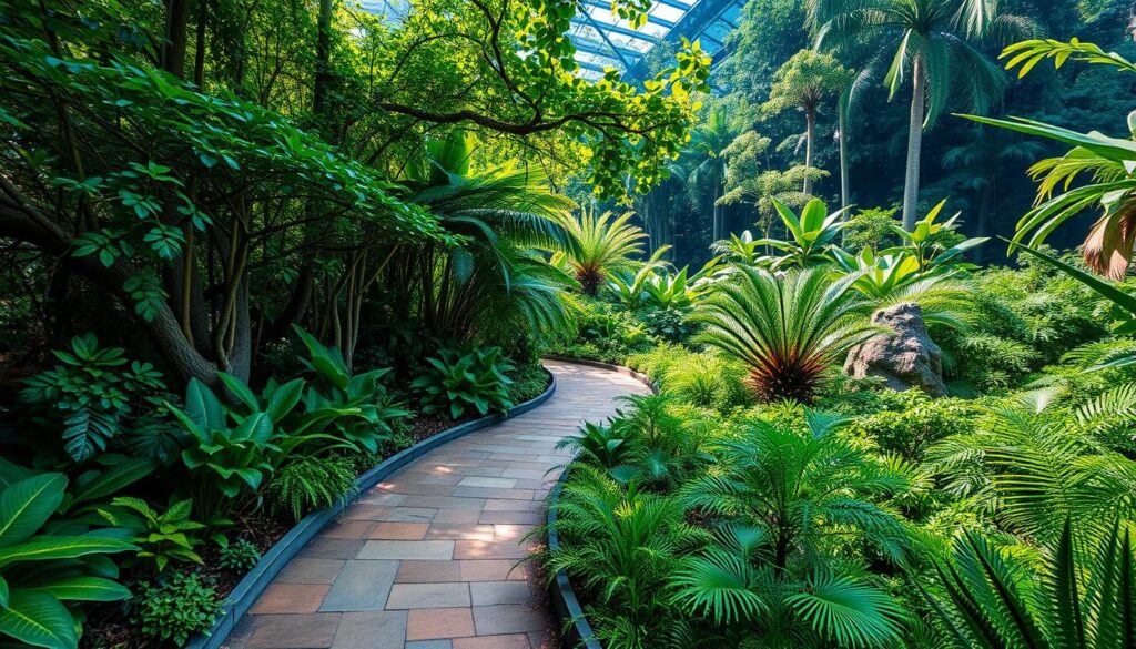 Imagem do Jardim Botânico do Rio de Janeiro com uma trilha sinuosa e vegetação exuberante