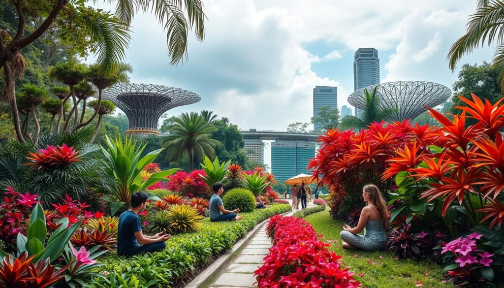 Imagem do Singapore Botanic Gardens com visitantes meditando