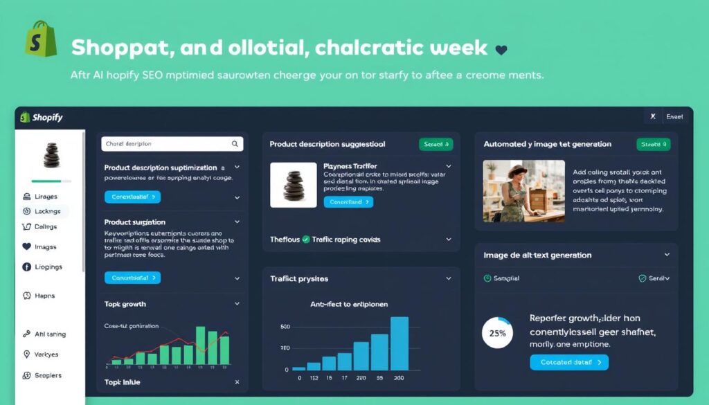 Interface da Shopify mostrando ferramentas de IA para otimização de SEO em e-commerce