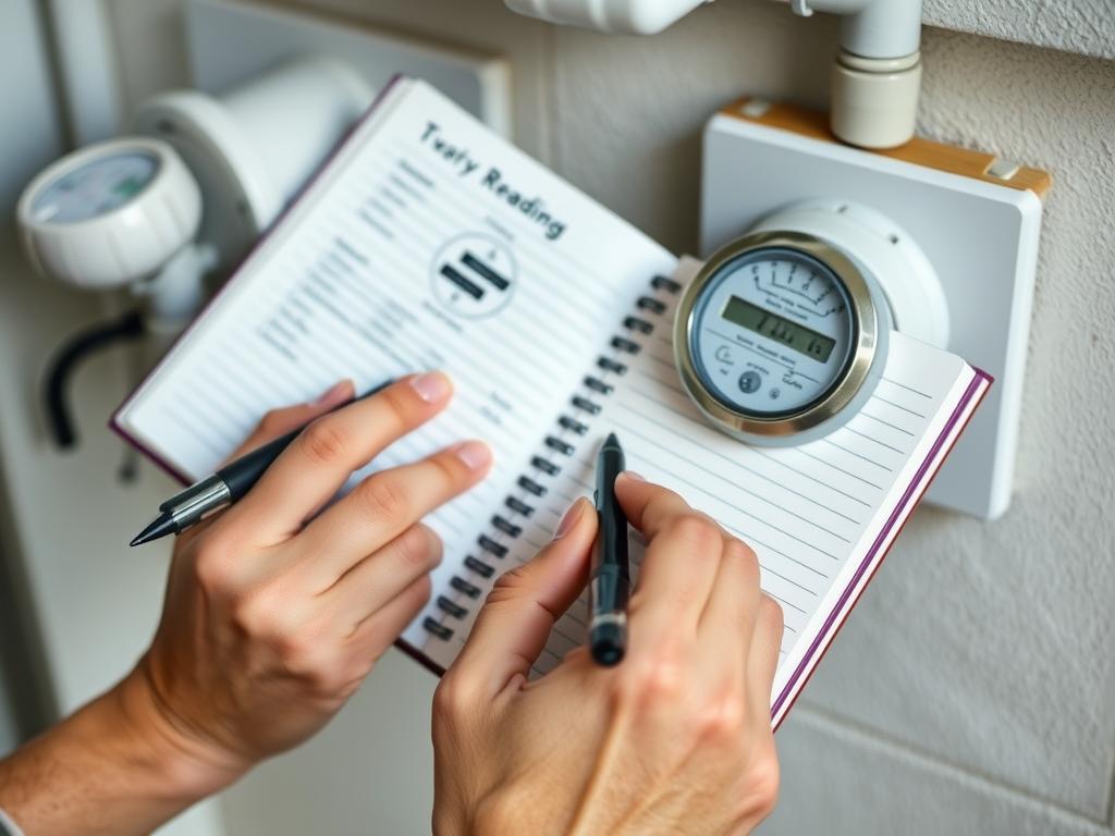 Pessoa anotando leituras do medidor de água e luz para monitorar consumo