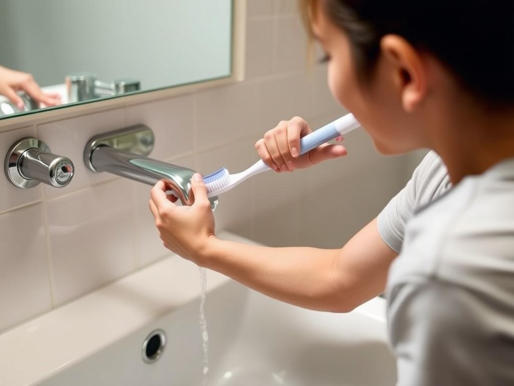 Pessoa fechando torneira enquanto escova os dentes para economizar água