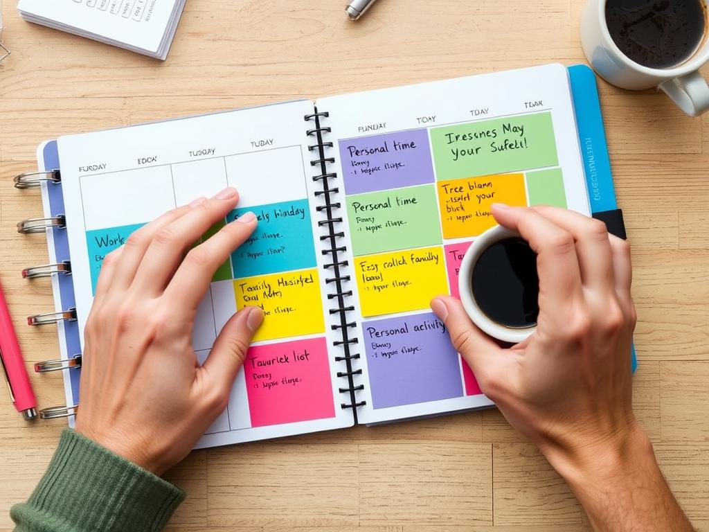 Pessoa organizando sua agenda semanal usando o método Vida Prática 360 com blocos de tempo coloridos