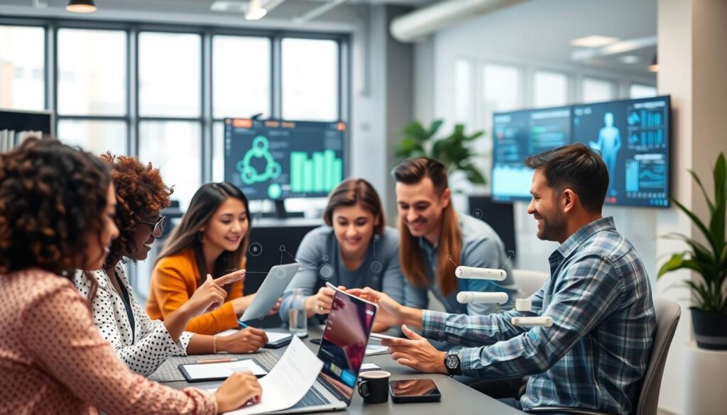 Profissionais de marketing digital colaborando com ferramentas de IA para otimizar estratégias de SEO