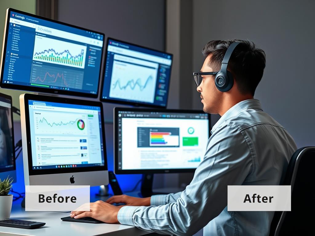 Profissional implementando ferramentas de IA em sua estratégia de SEO com dashboard de análise