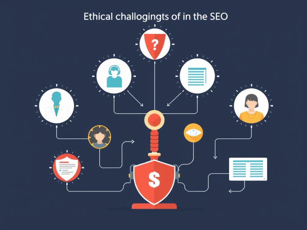 Representação visual dos desafios éticos da IA no SEO, mostrando privacidade de dados e vieses algorítmicos