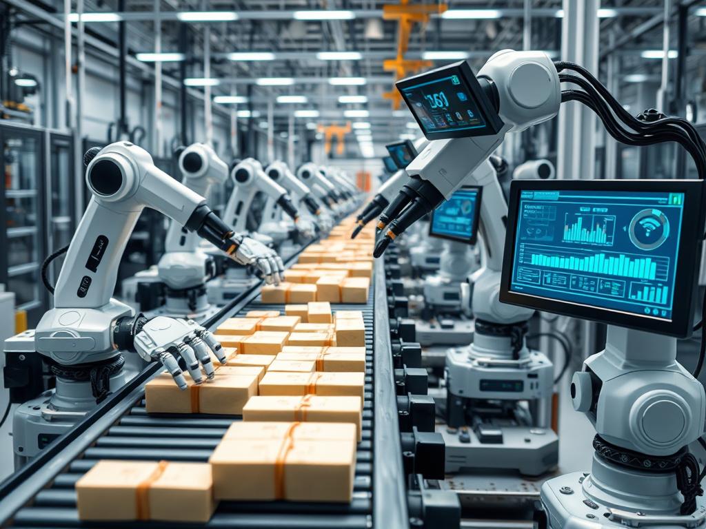 Robôs industriais utilizando inteligência artificial para automação de processos de manufatura
