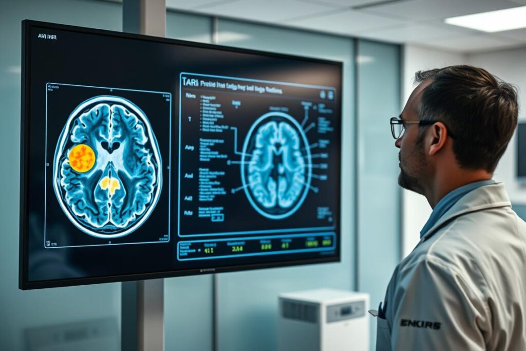 Sistema de inteligência artificial analisando imagens médicas para diagnóstico precoce