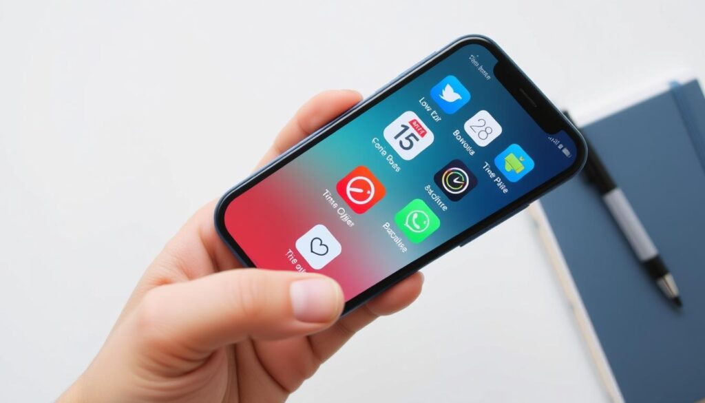 Smartphone mostrando aplicativos de produtividade do método Vida Prática 360