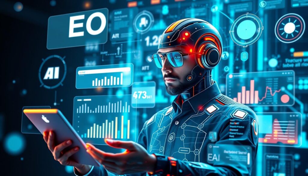 Visualização futurista de tendências de IA no SEO, mostrando busca por voz, SEO visual e integração com outras tecnologias