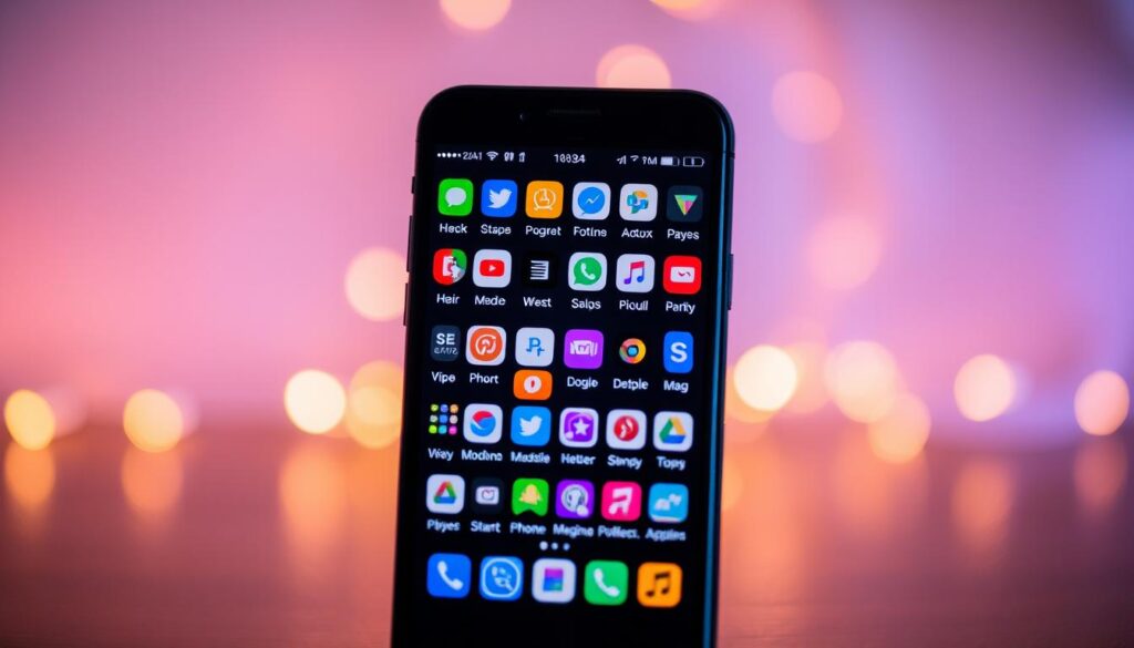 A smartphone screen filled with a grid of colorful app icons, showcasing a variety of useful mobile applications. The screen is set against a soft, blurred background, with warm, ambient lighting that casts a gentle glow. The icons are neatly organized, with a clean and intuitive layout that makes it easy to navigate and discover new apps. The overall composition conveys a sense of productivity, exploration, and the endless possibilities of mobile technology.