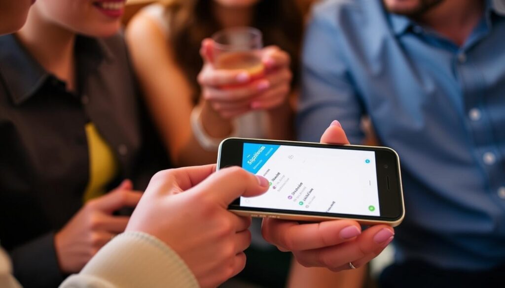 Imagem de amigos dividindo contas com o Splitwise, mostrando uma tela de divisão de despesas.