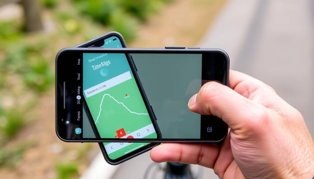 Imagem de uma pessoa ciclistas com um smartphone exibindo o aplicativo Strava