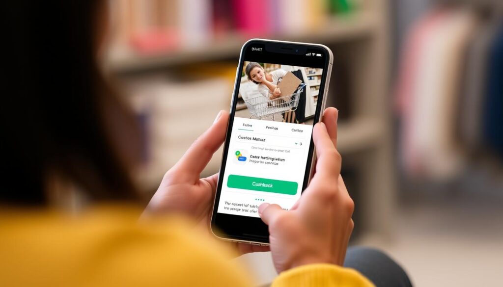 Imagem de uma pessoa comprando online com o aplicativo Méliuz na tela, mostrando cashback.