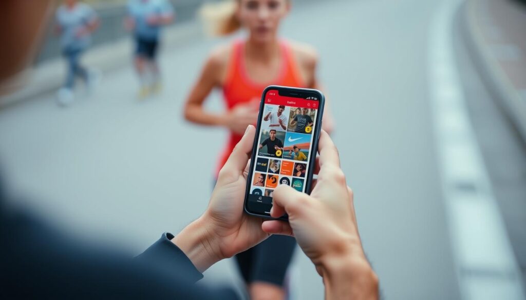 Imagem de uma pessoa correndo com um smartphone exibindo o aplicativo Nike Run Club