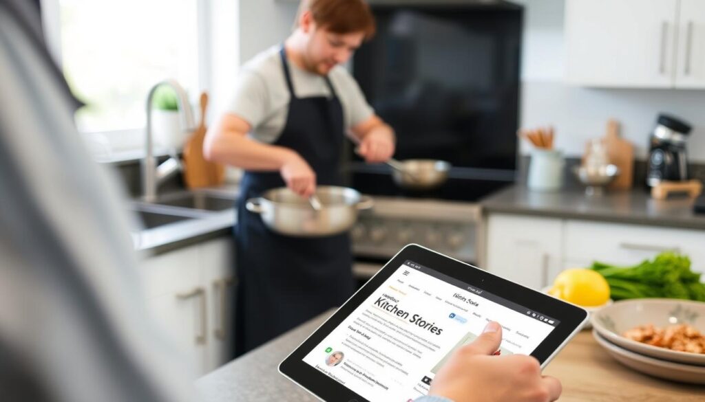 Imagem de uma pessoa cozinhando com um tablet exibindo o aplicativo Kitchen Stories