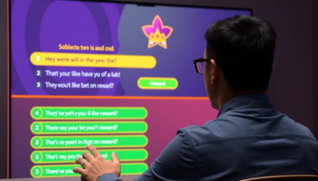 Imagem de uma pessoa respondendo perguntas no Quize, com uma tela de recompensa.
