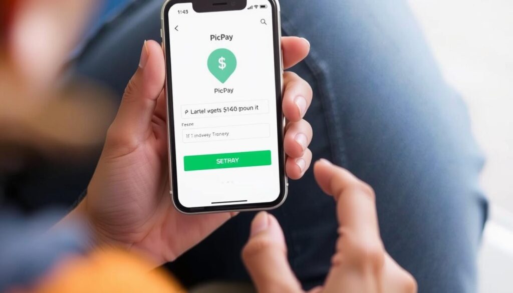 Imagem de uma pessoa usando o PicPay para fazer uma transferência, com uma tela de confirmação.