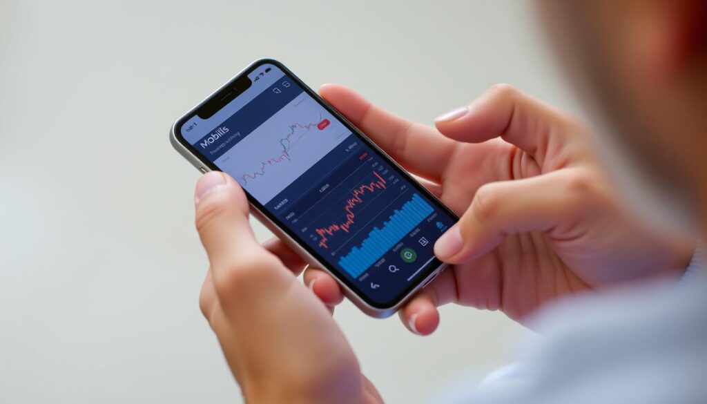Imagem de uma pessoa usando o aplicativo Mobills no celular, com gráficos e tabelas de finanças na tela.