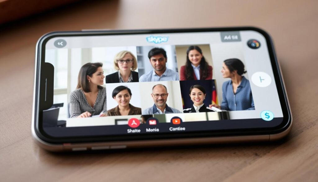 Imagem de uma reunião virtual via Skype no iPhone