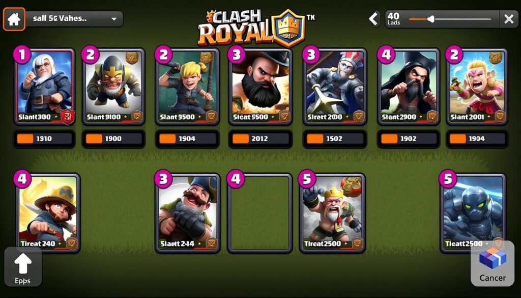 Imagem de uma tela de jogo do Clash Royale com cartas colecionáveis