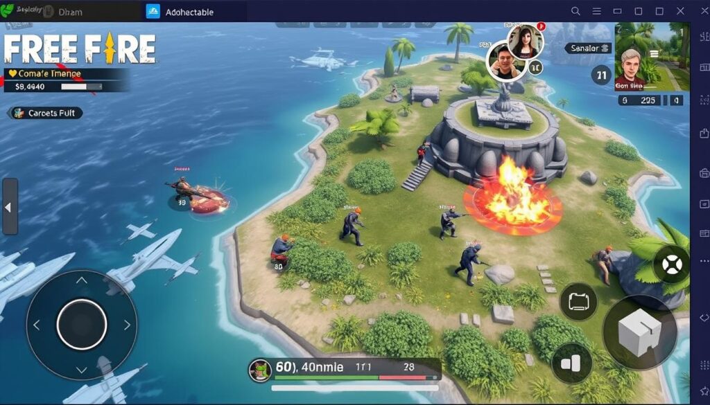Imagem de uma tela de jogo do Free Fire com vários jogadores em uma ilha